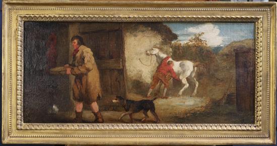 George Morland (1763-1804) Figures beside a stables 10 x 22.5in.